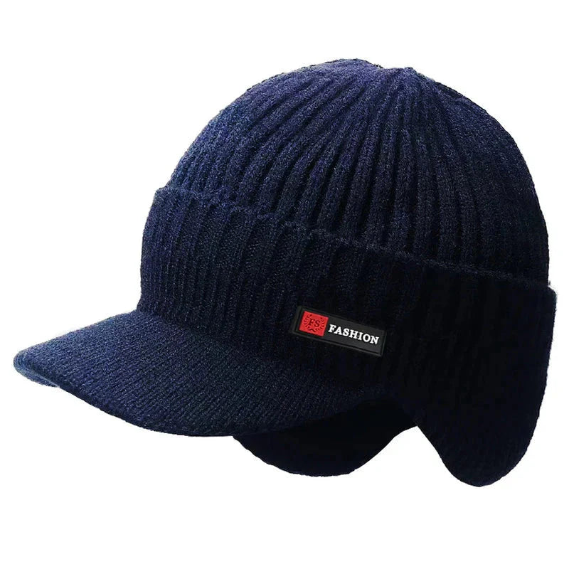 Men's Thermal Winter Knit Hat with Ear Flaps - Navy Blue